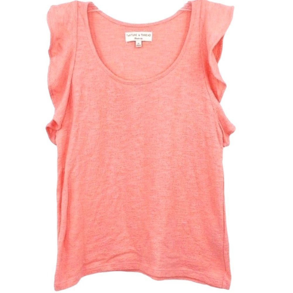 Madewell Texture & Thread Gauzy Coral Pink Ruffle Sleeve Tank Top Sz XS